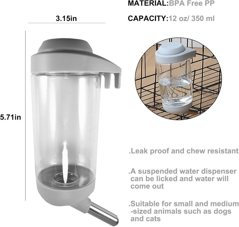 DEEUCHIS Dog Crate Water Bottle - 12 oz No Drip Kennel Pet Water Dispenser, Easy-to-Use Cage Water Bottle for Dogs, Cats, Small Animals, 350ML, Grey - Image 2